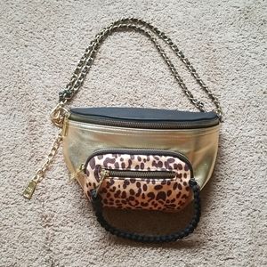 Steve Madden Convertible Belt/Crossbody Bag. Gold black leopard print